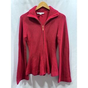 Boston Proper Red Cotton Shaker Knit Peplum Zip Up Cardigan Sweater Size M